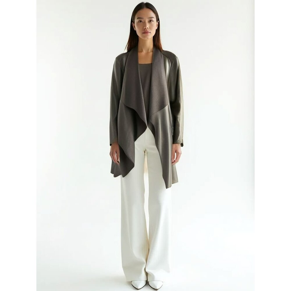 Ulla Popken Womens Faux Leather and Knit Waterfall Jacket Sz 30 Edgy Moto Style